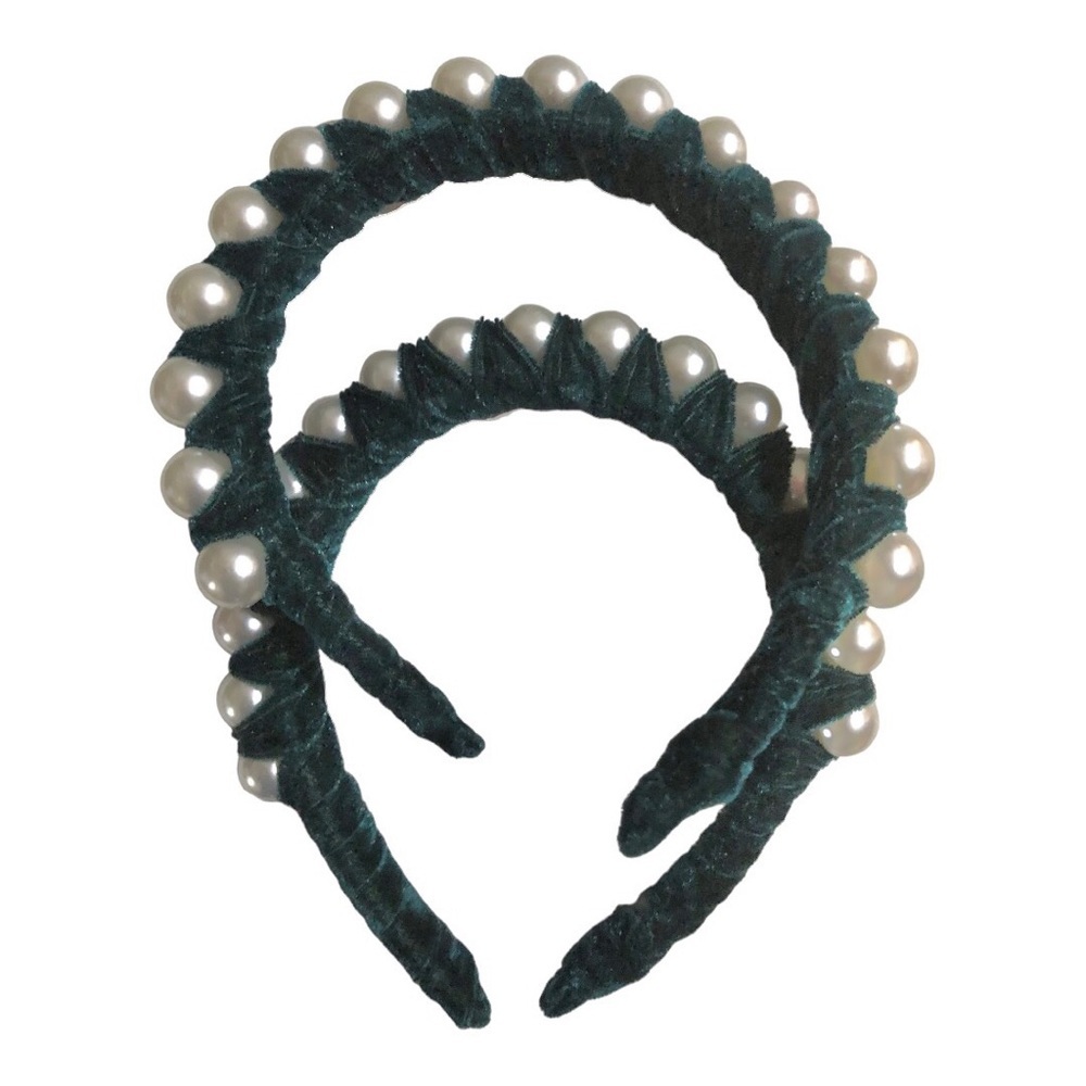 2 pack Green velvet oversized pearl adorned embellished headband new - Picture 6 of 11